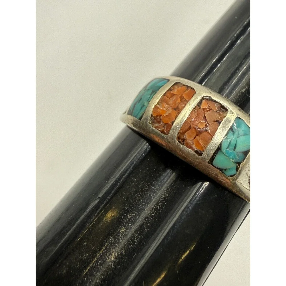 VTG Sterling Silver Turquoise Coral Inlay Native‎ American Ring Sz 8.25 Broken
